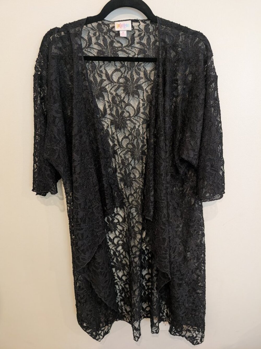 LuLaRoe Lindsay Black Floral Lace Open Front Kimono Cardigan | Size M